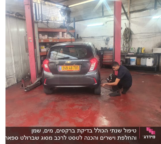 אדם בודק לחץ אוויר בגלגל רכב במוסך